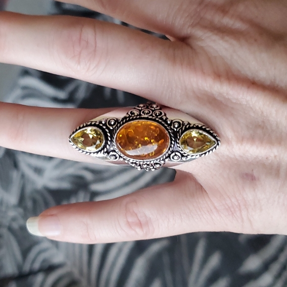 New Baltic Amber & Citrine 925 Silver Statement Ring. - Picture 8 of 16